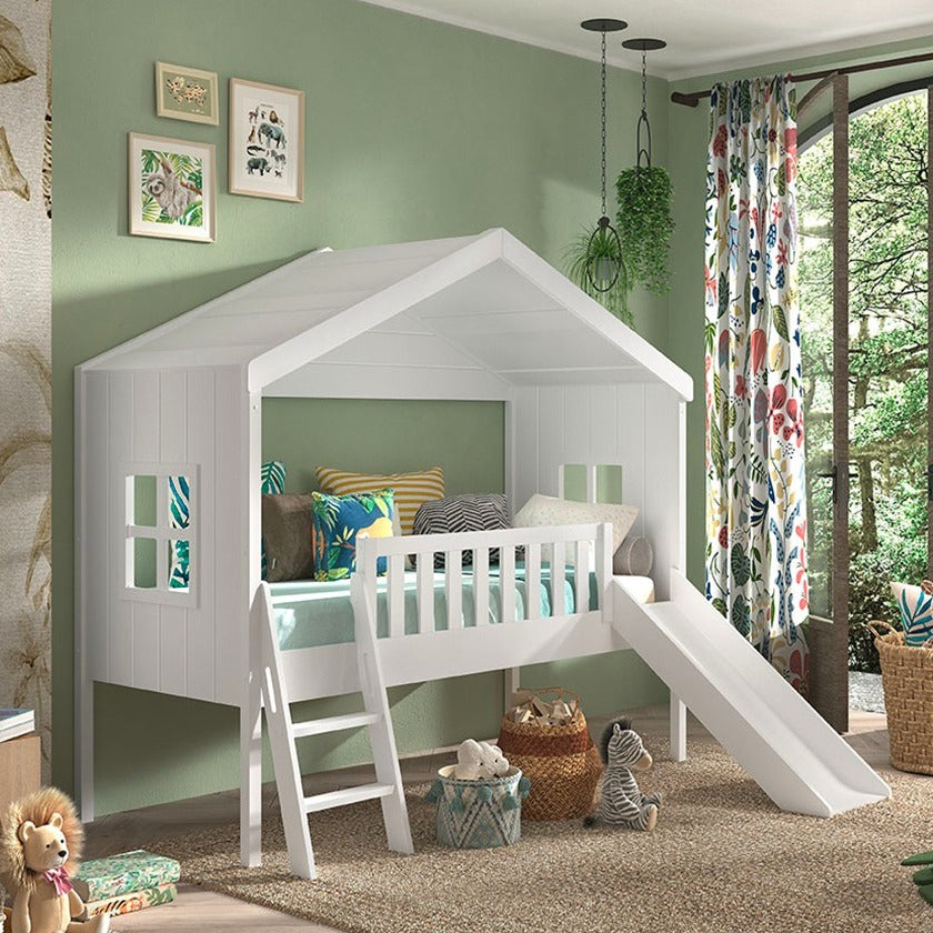 Lit cabane 90x200 toboggan sommier inclus Vipack Housebed Blanc