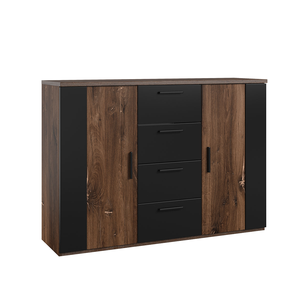 Commode 2 portes 4 tiroirs Alec Bois foncé et Noir