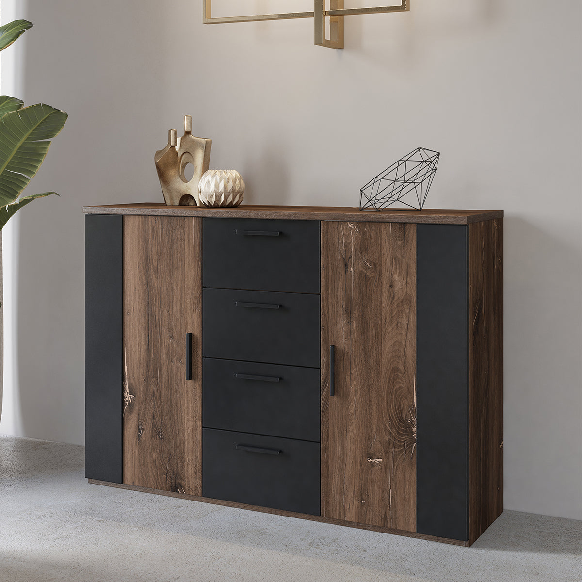 Commode 2 portes 4 tiroirs Alec Bois foncé et Noir - vue 3