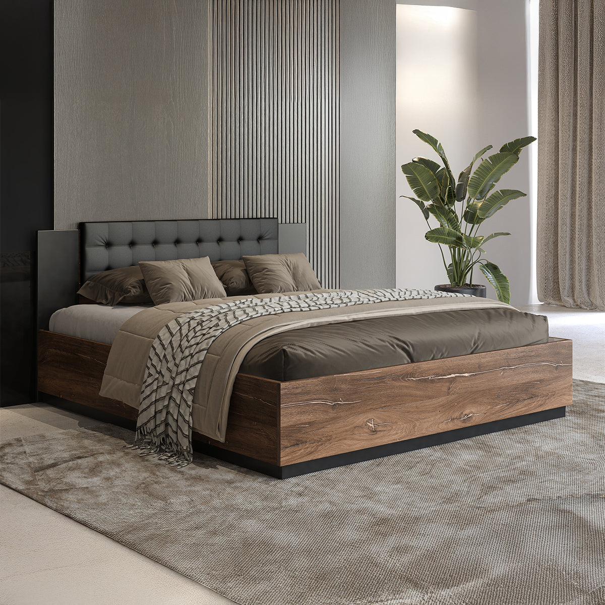 Lit 160x200 sommier inclus Alec Bois foncé et Noir - vue 2