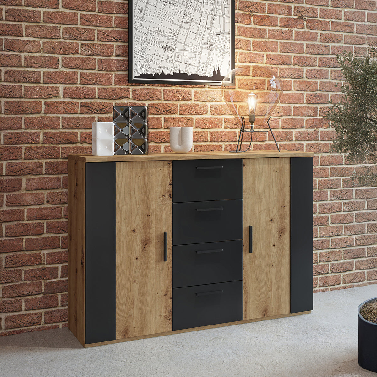 Commode 2 portes 4 tiroirs Alec Bois et Noir - vue 3