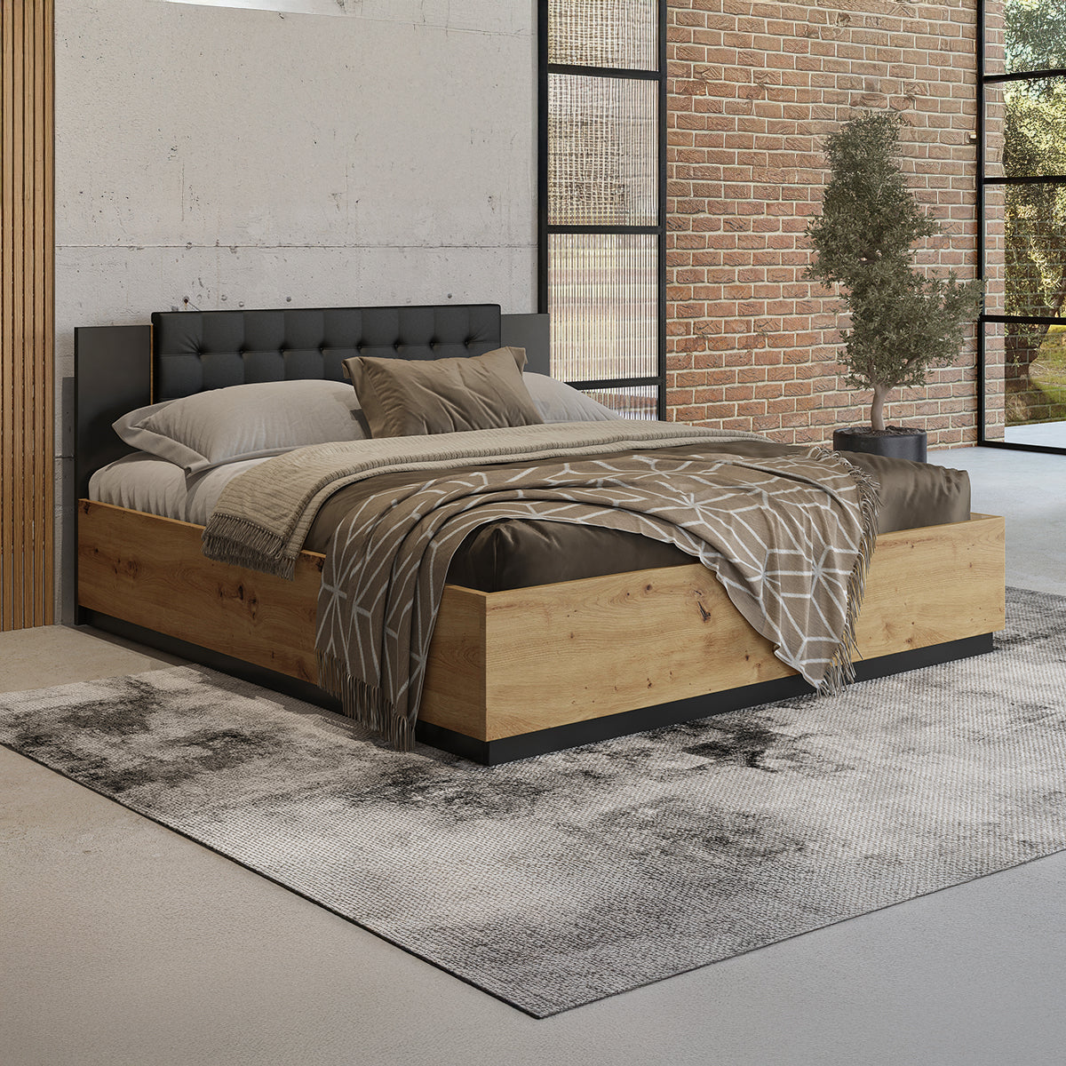 Lit 160x200 sommier inclus Alec Bois et Noir - vue 2
