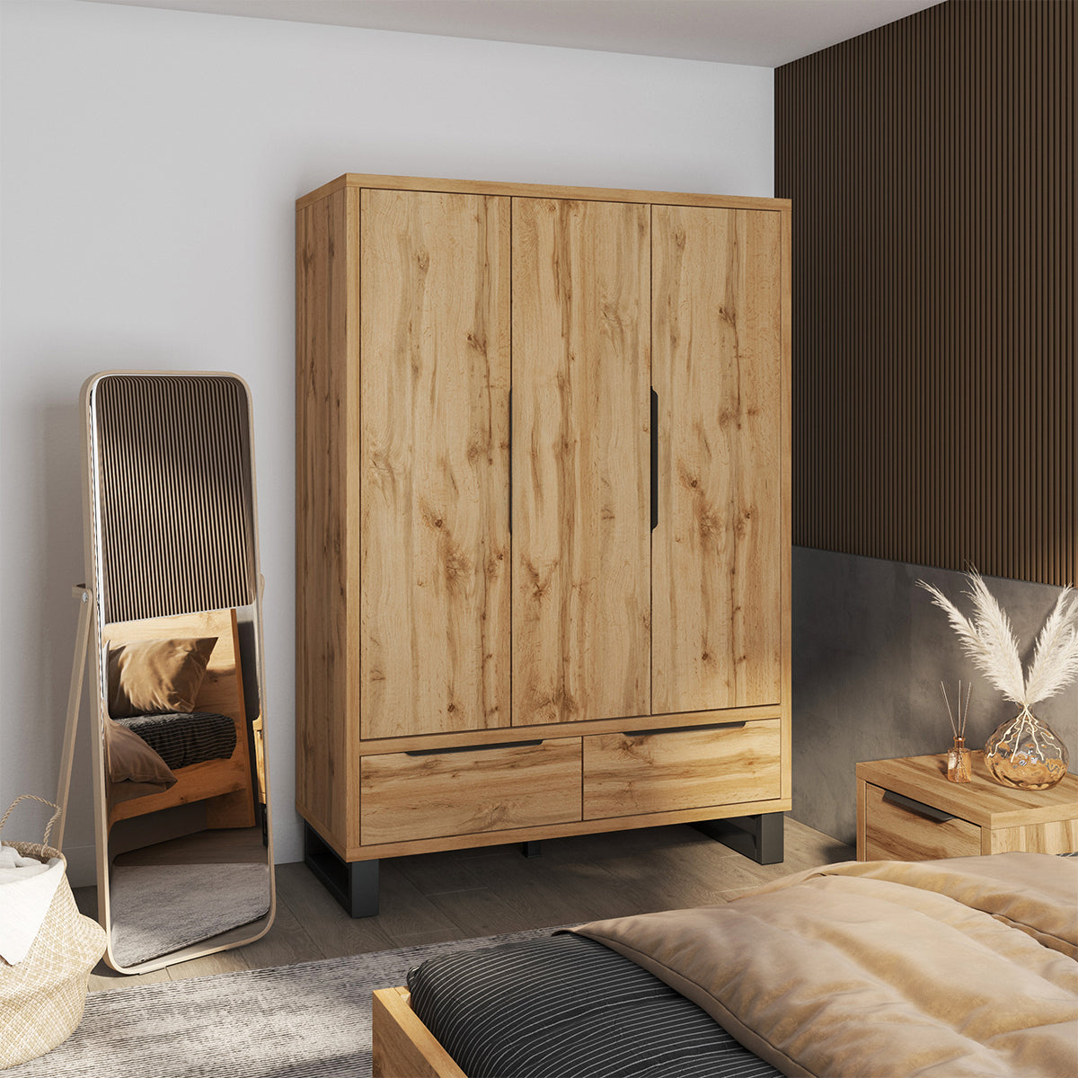 Armoire 3 portes 2 tiroirs Eden Bois et Noir - vue 4