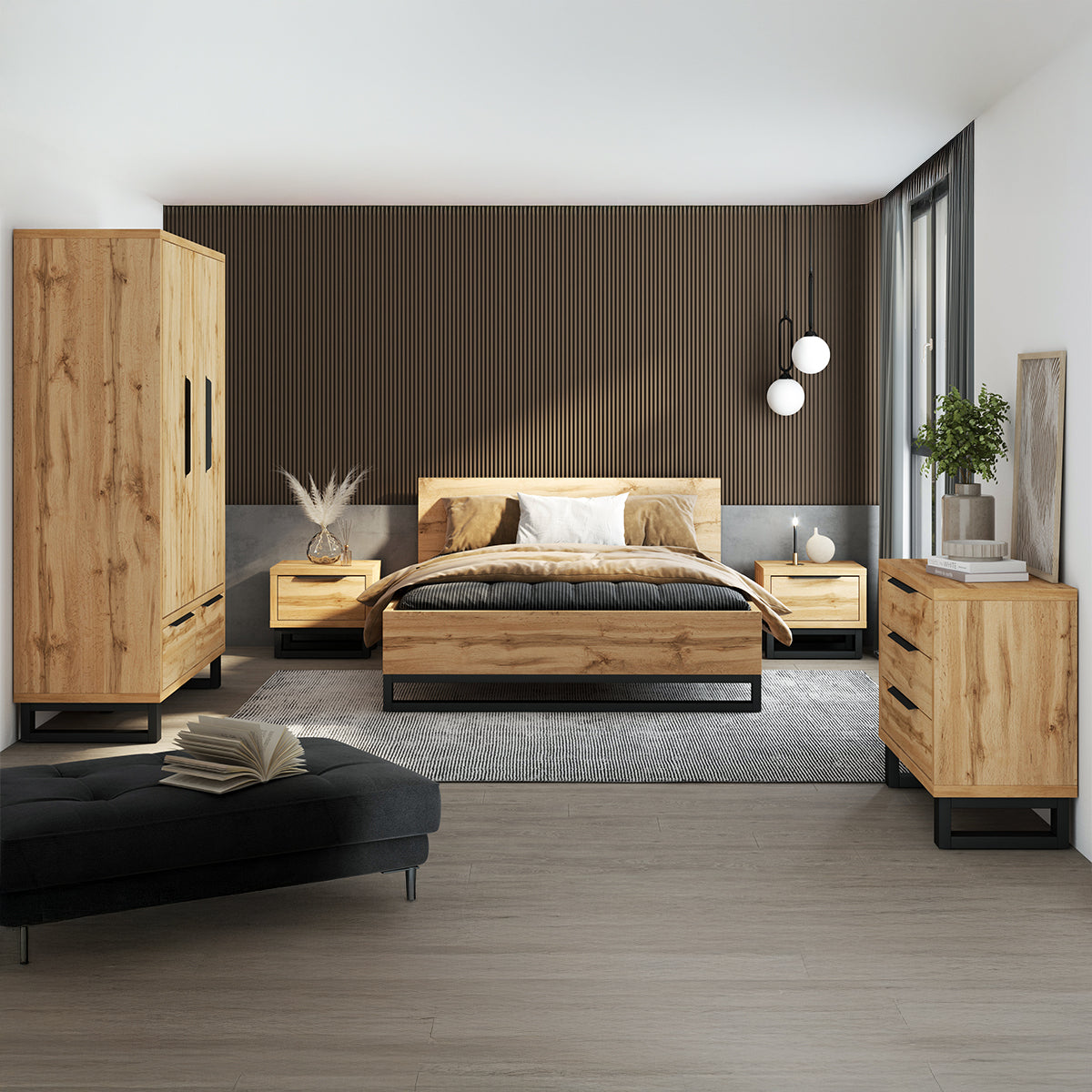 Armoire 3 portes 2 tiroirs Eden Bois et Noir - vue 5