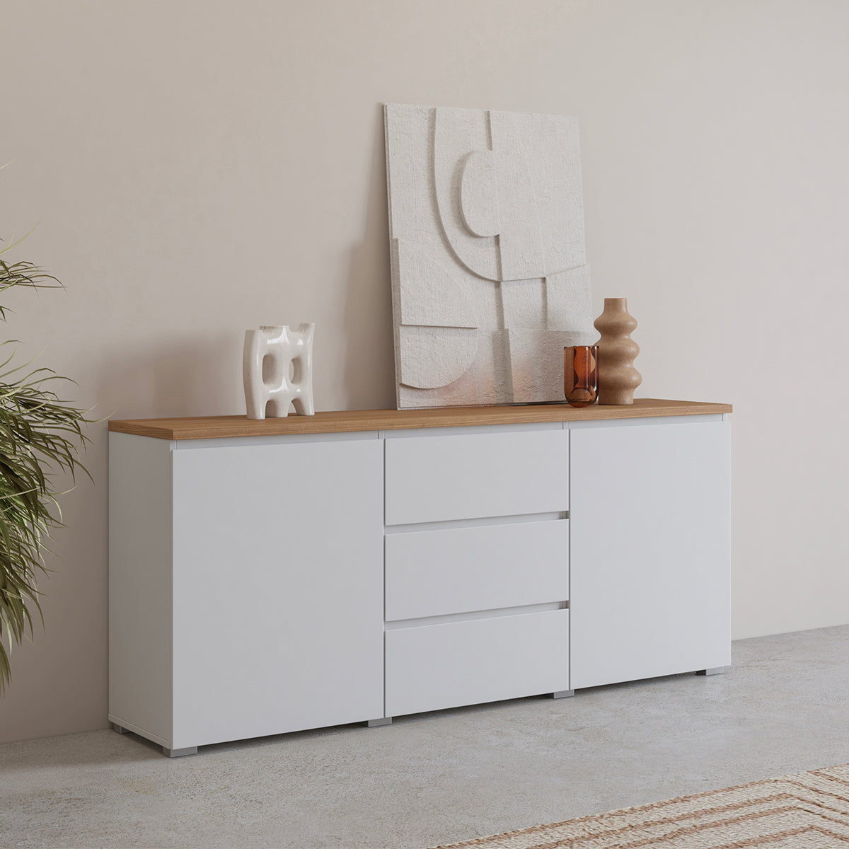 Buffet 2 portes 3 tiroirs Liko Blanc et Bois - vue 3