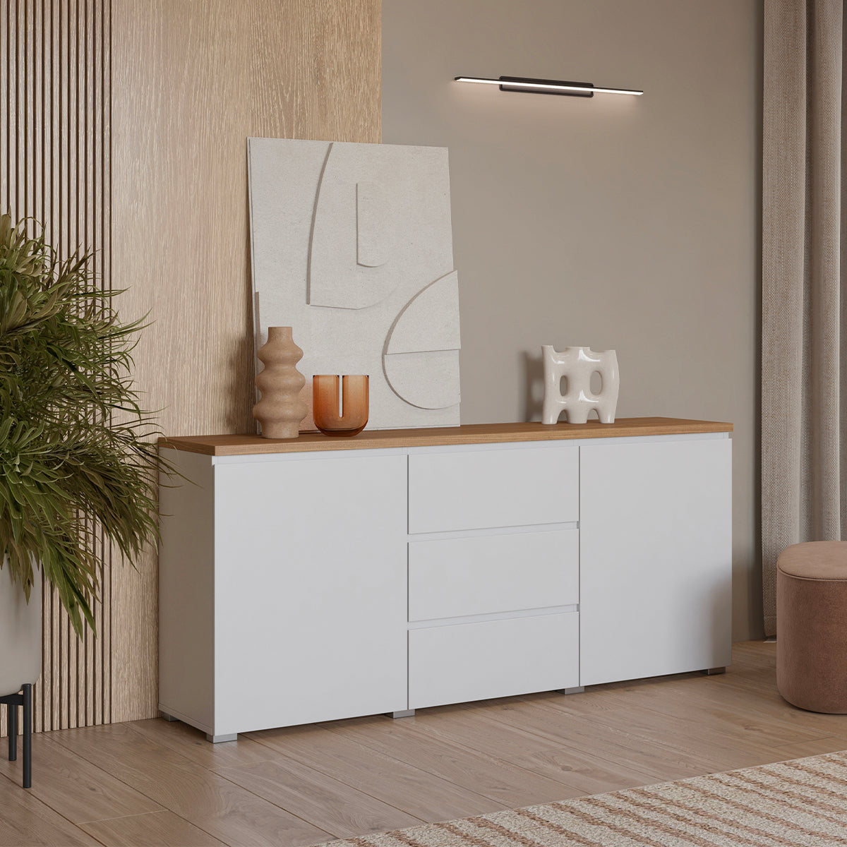 Buffet 2 portes 3 tiroirs Liko Blanc et Bois - vue 4