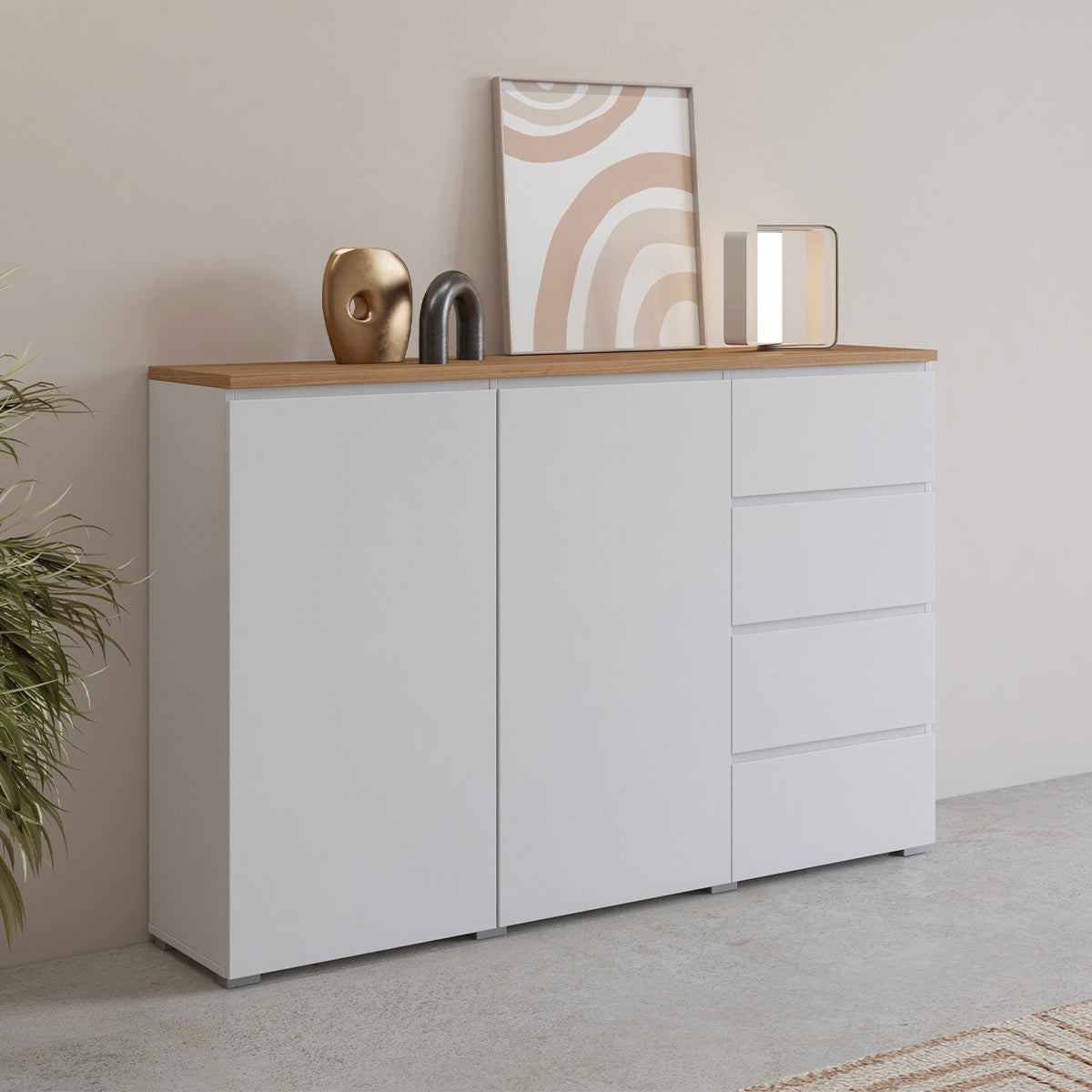 Buffet 2 portes 4 tiroirs Liko Blanc et Bois - vue 3