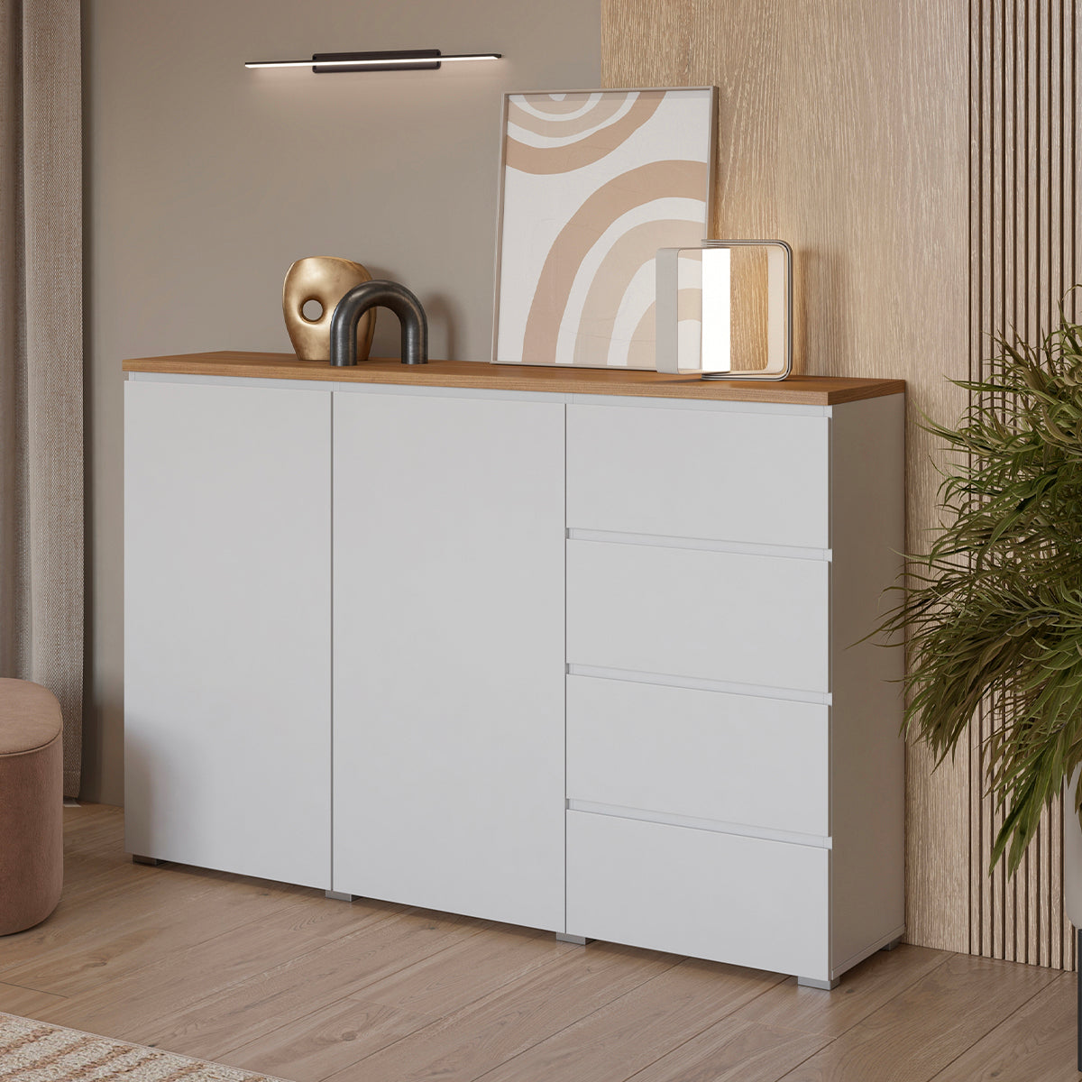 Buffet 2 portes 4 tiroirs Liko Blanc et Bois - vue 4