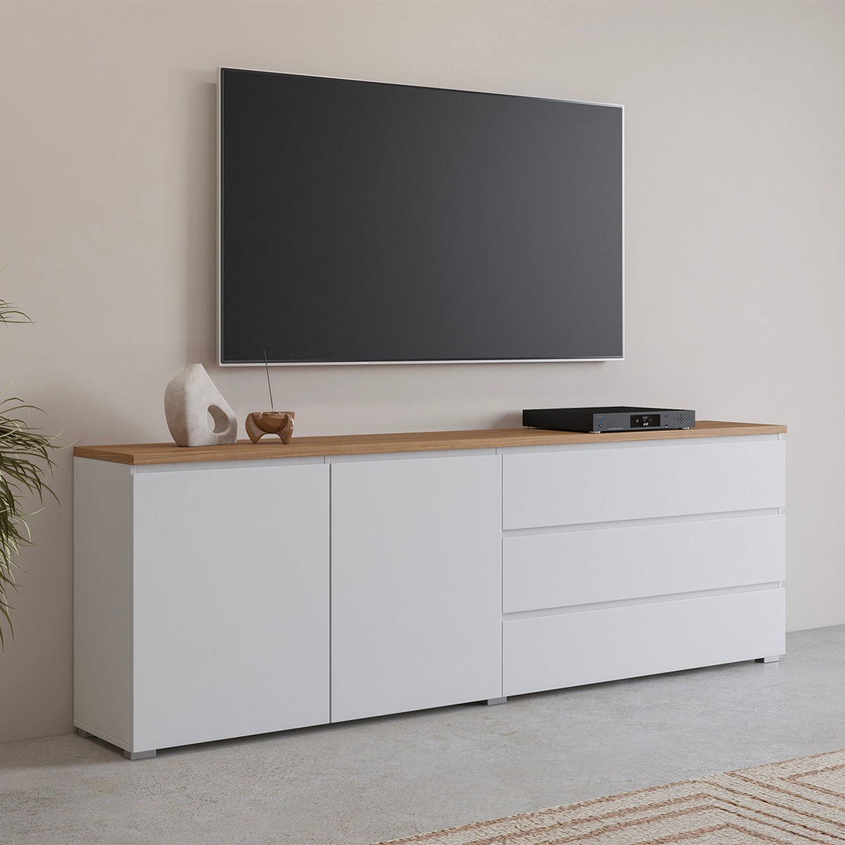 Buffet long 2 portes 3 tiroirs Liko Blanc et Bois - vue 3