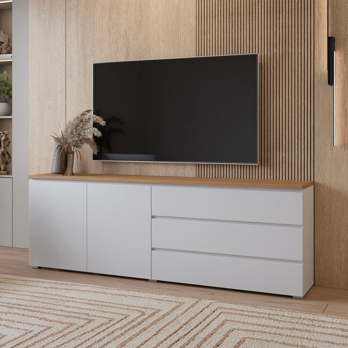 Buffet long 2 portes 3 tiroirs Liko Blanc et Bois - vue 4
