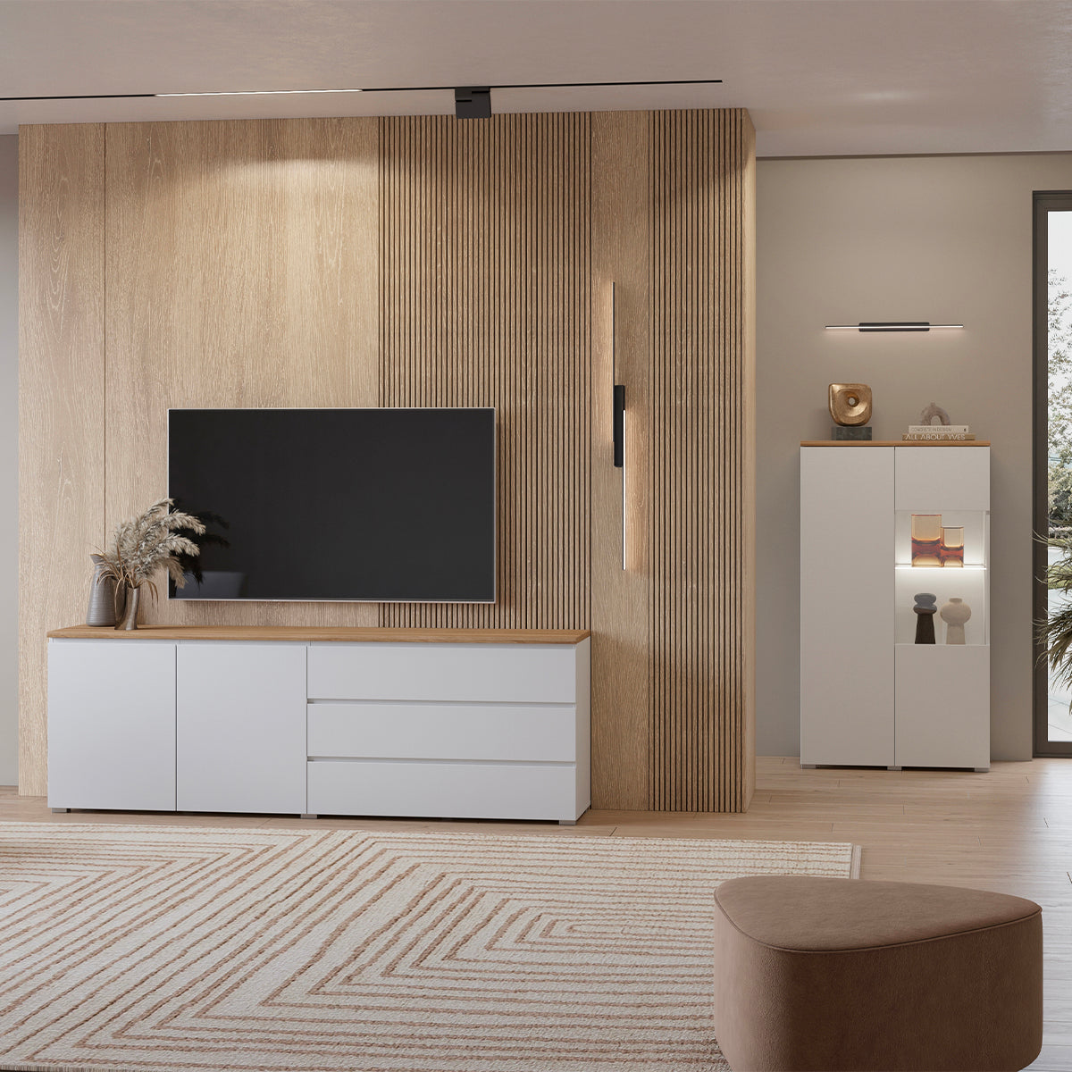 Buffet long 2 portes 3 tiroirs Liko Blanc et Bois - vue 5