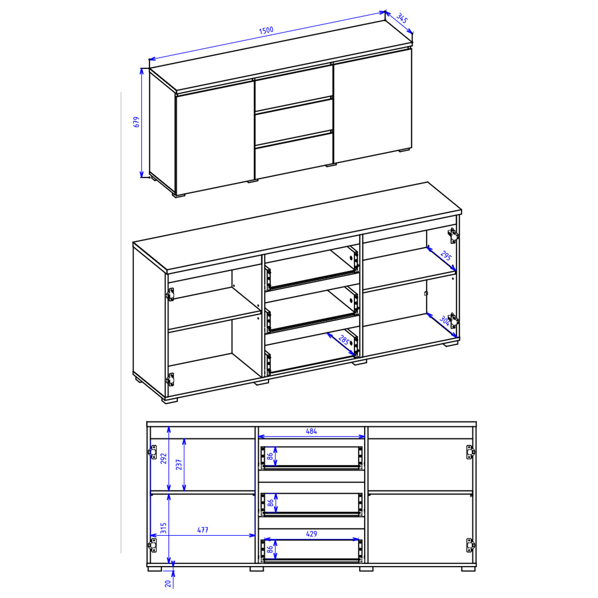 Buffet 2 portes 3 tiroirs Liko Blanc et Bois - vue 5