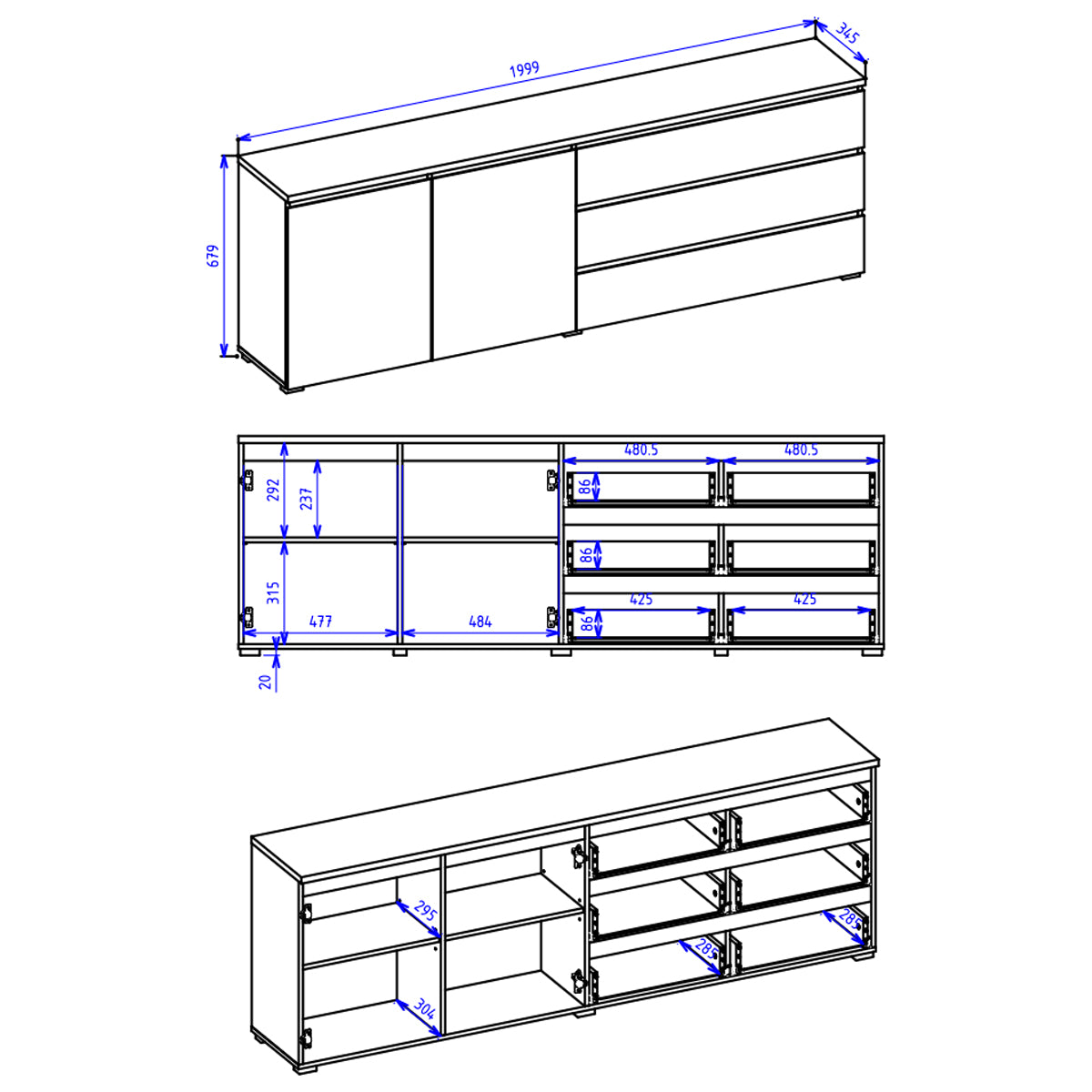 Buffet long 2 portes 3 tiroirs Liko Blanc et Bois - vue 6