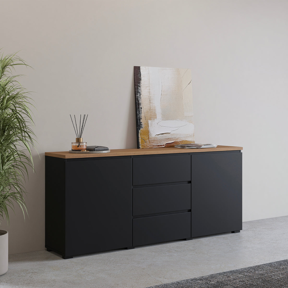 Buffet 2 portes 3 tiroirs Liko Noir et Bois - vue 3