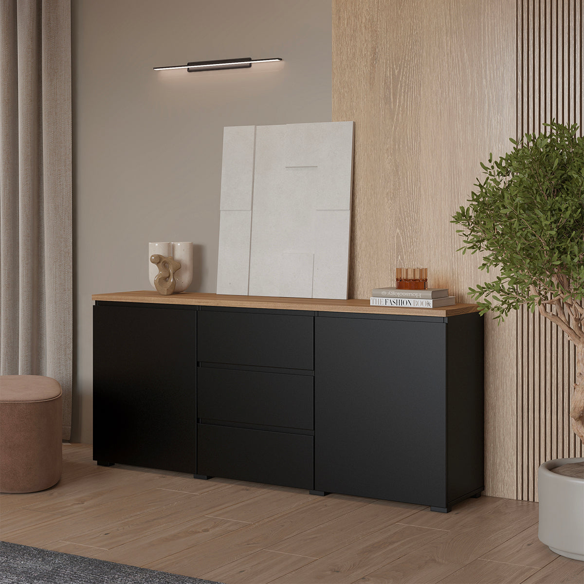 Buffet 2 portes 3 tiroirs Liko Noir et Bois - vue 4