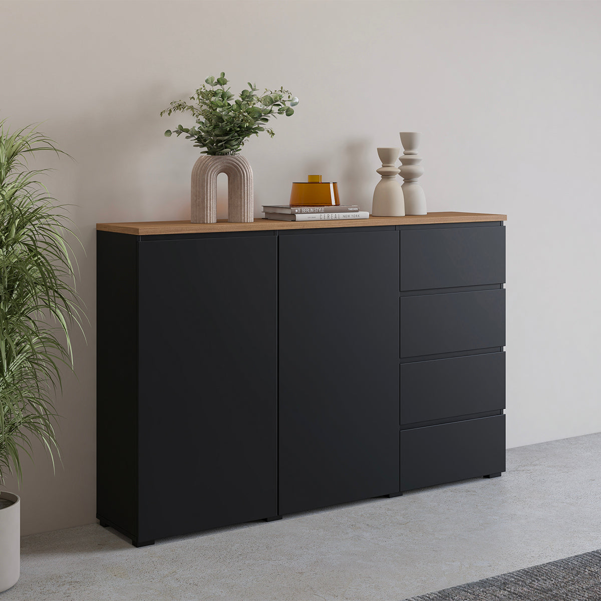 Buffet 2 portes 4 tiroirs Liko Noir et Bois - vue 3