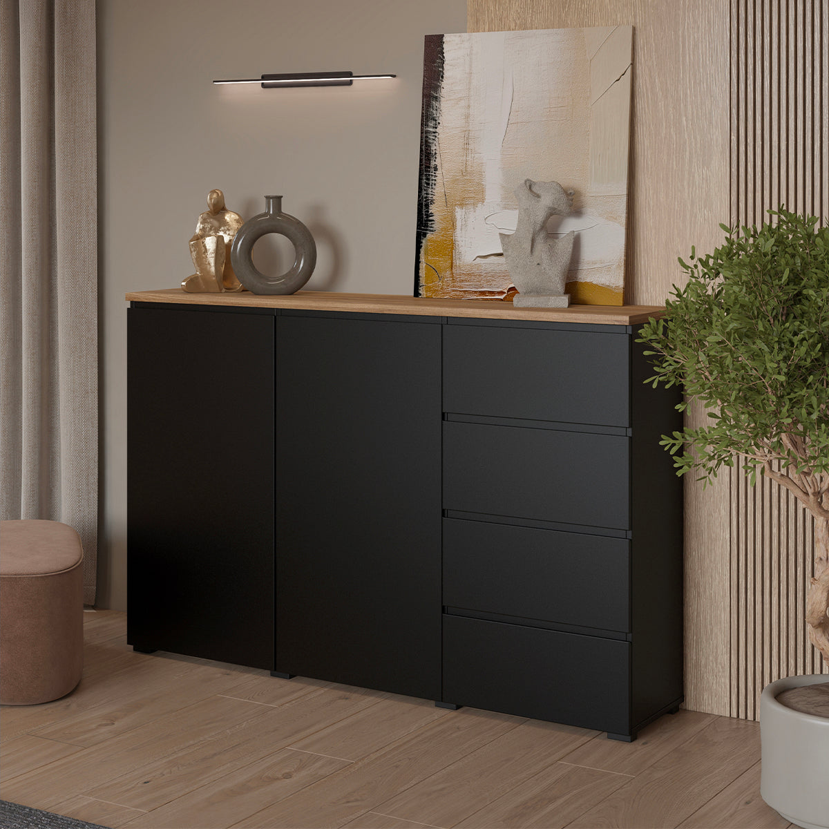 Buffet 2 portes 4 tiroirs Liko Noir et Bois - vue 4
