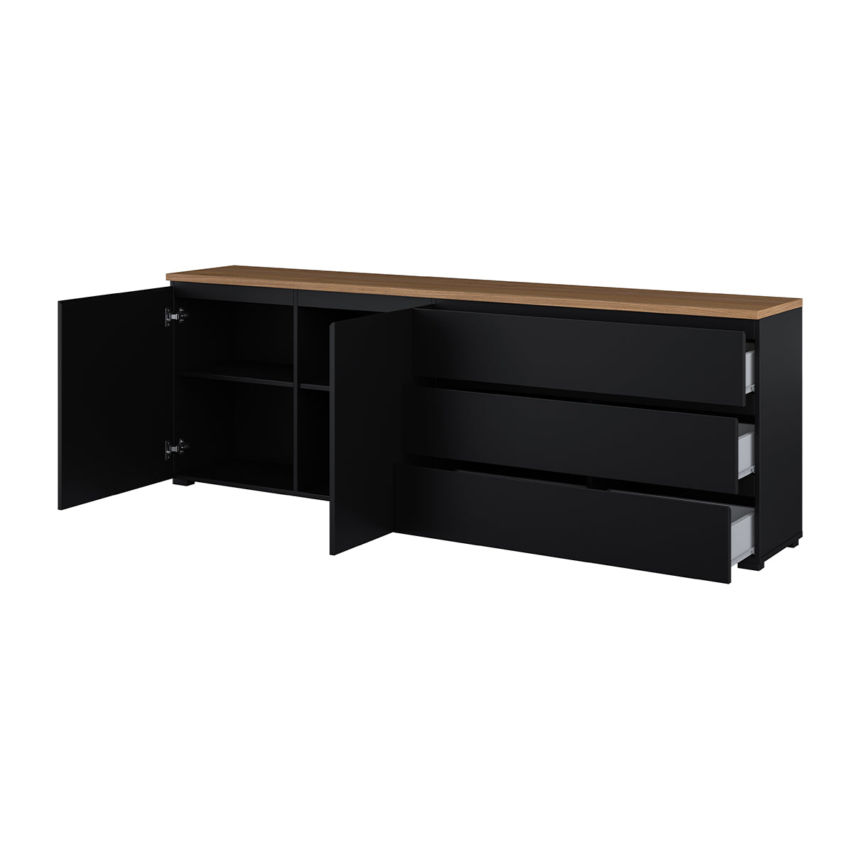Buffet long 2 portes 3 tiroirs Liko Noir et Bois - vue 2
