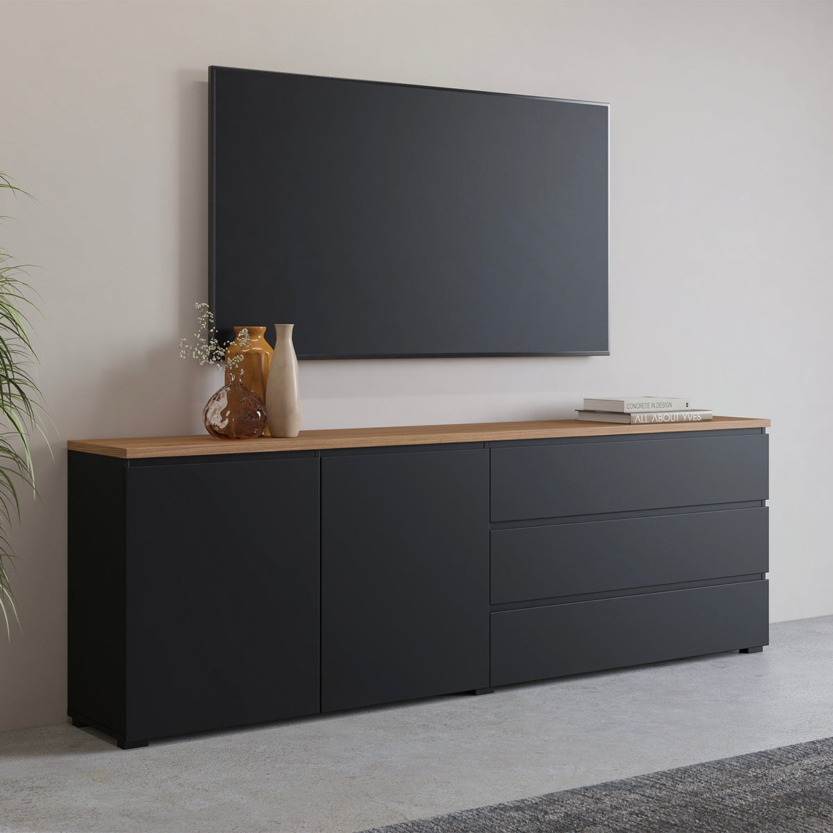 Buffet long 2 portes 3 tiroirs Liko Noir et Bois - vue 3