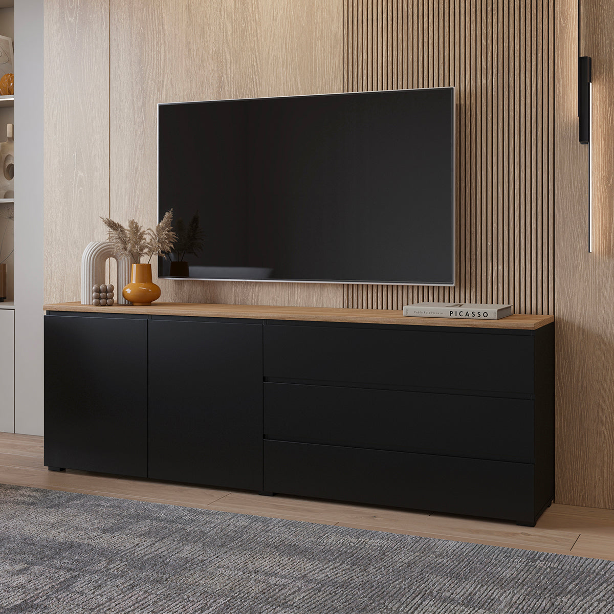 Buffet long 2 portes 3 tiroirs Liko Noir et Bois - vue 4