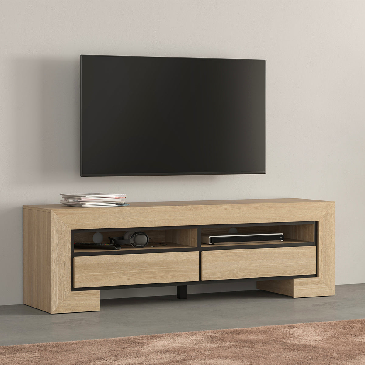 Meuble TV 2 tiroirs 160 cm Lucius Bois et Noir - vue 3