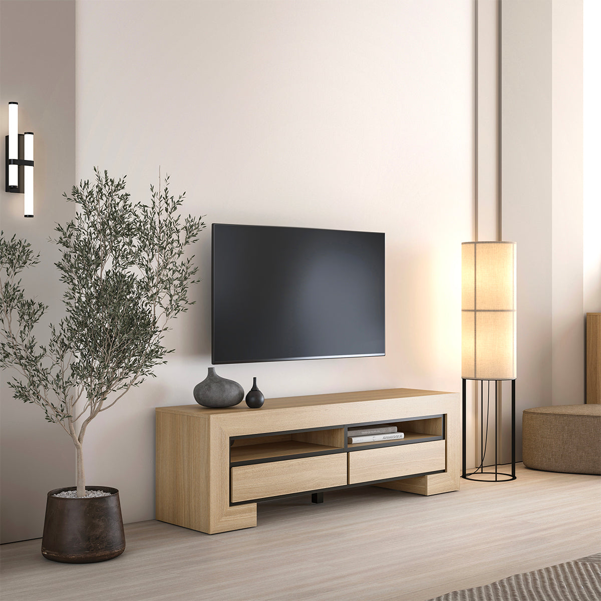 Meuble TV 2 tiroirs 160 cm Lucius Bois et Noir - vue 4