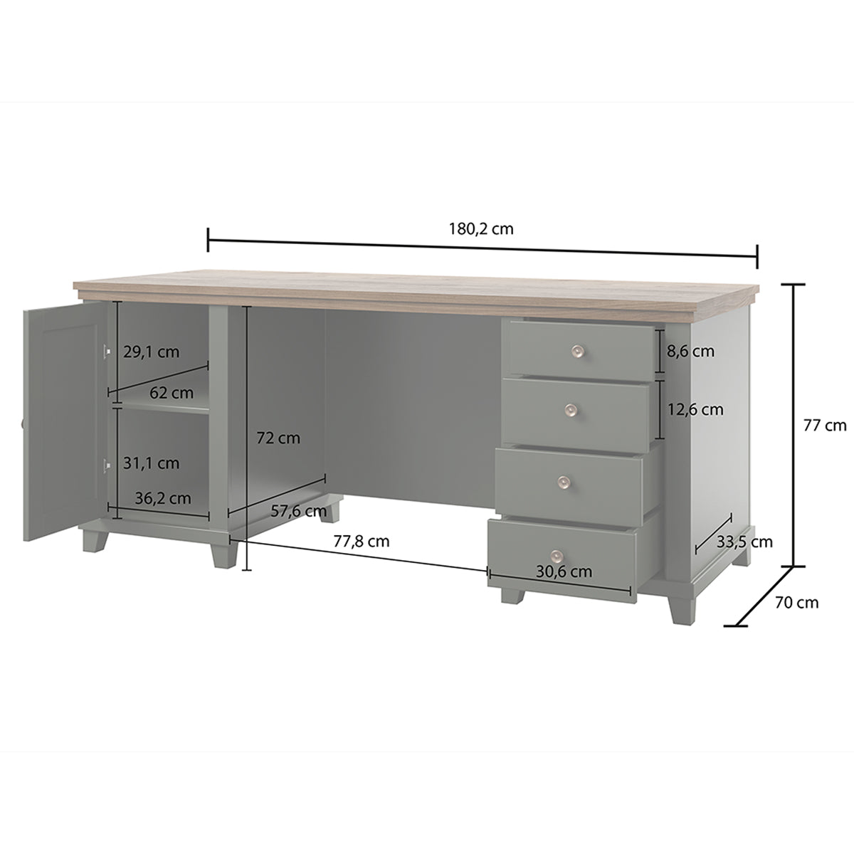 Bureau 1 porte 4 tiroirs Martin Vert et Bois - vue 8