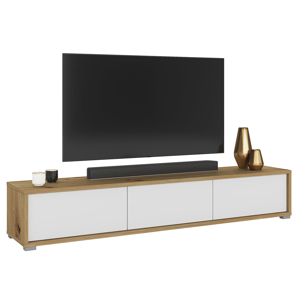 Meuble TV mural 3 portes 180 cm Idra Bois et Blanc - vue 2