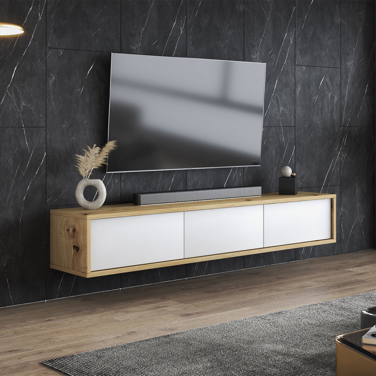 Meuble TV mural 3 portes 180 cm Idra Bois et Blanc - vue 4