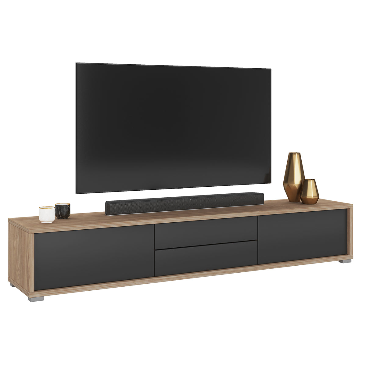 Meuble TV mural 2 portes 2 tiroirs 180 cm Idra Bois et Gris - vue 6