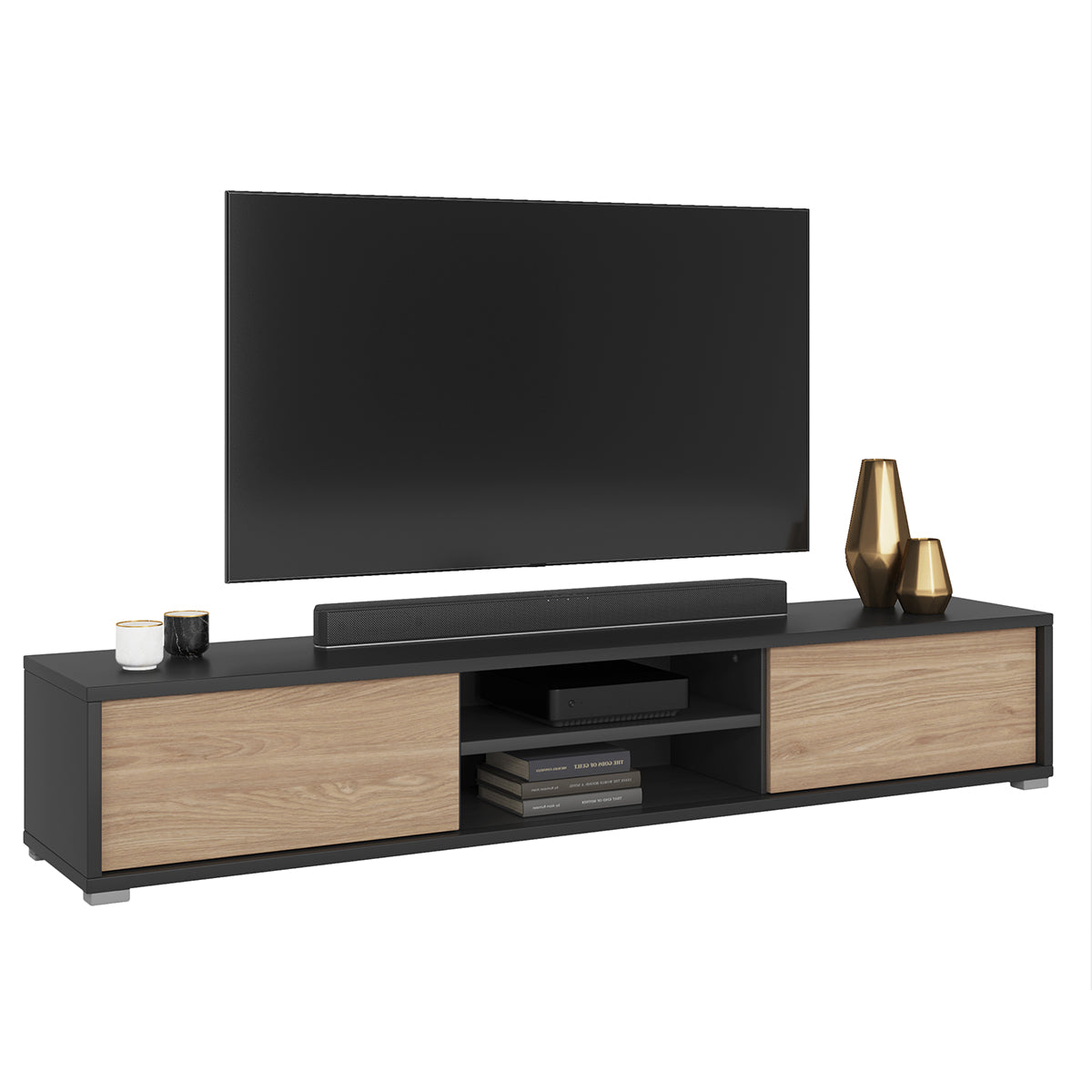 Meuble TV mural 2 portes 180 cm Idra Gris et Bois - vue 6