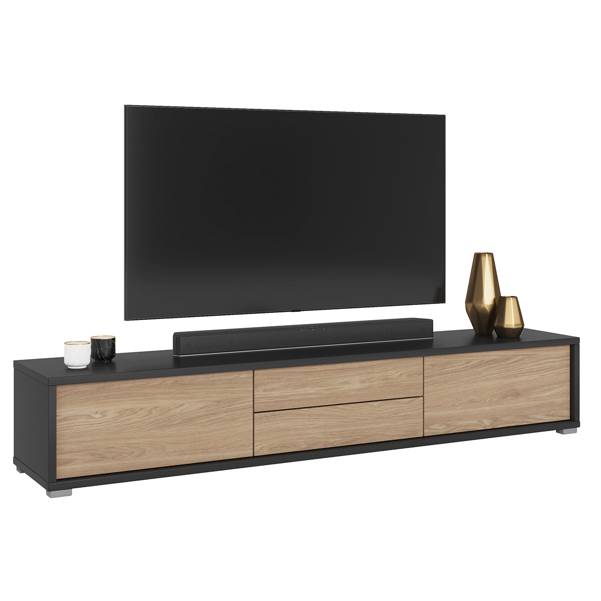 Meuble TV mural 2 portes 2 tiroirs 180 cm Idra Gris et Bois - vue 6
