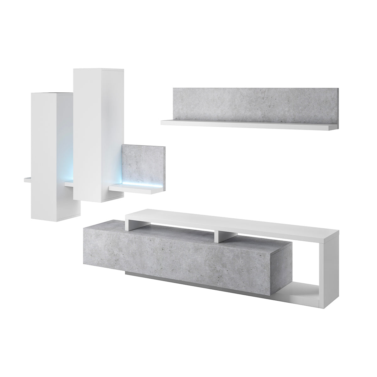 Mur TV 3 pièces avec LED Ilyes Blanc et Béton