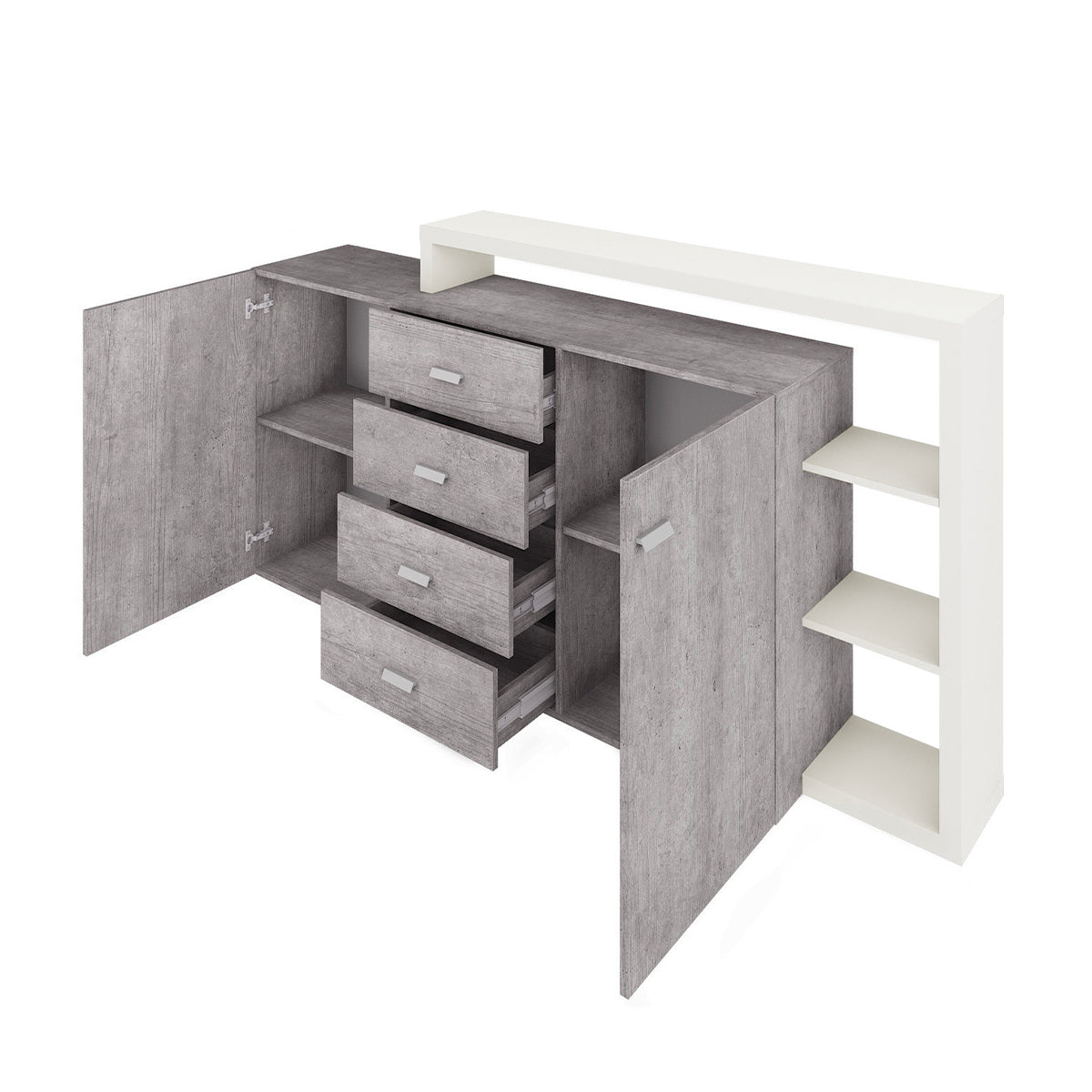 Buffet 2 portes 4 tiroirs Ilyes Blanc et Béton - vue 2