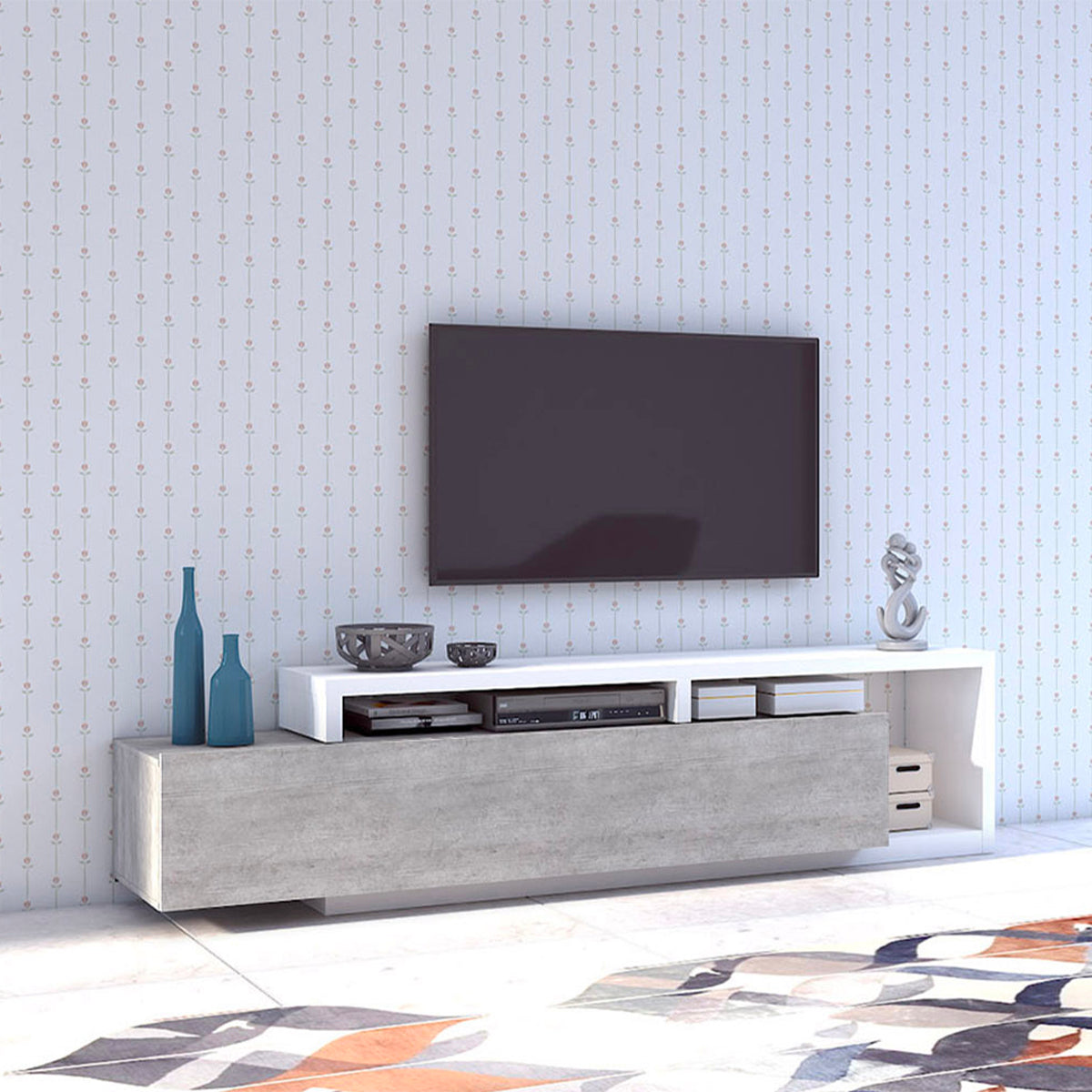 Meuble TV 1 tiroir 219 cm Ilyes Blanc et Béton - vue 4