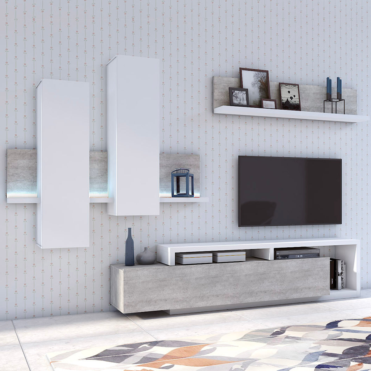 Meuble TV 1 tiroir 219 cm Ilyes Blanc et Béton - vue 6