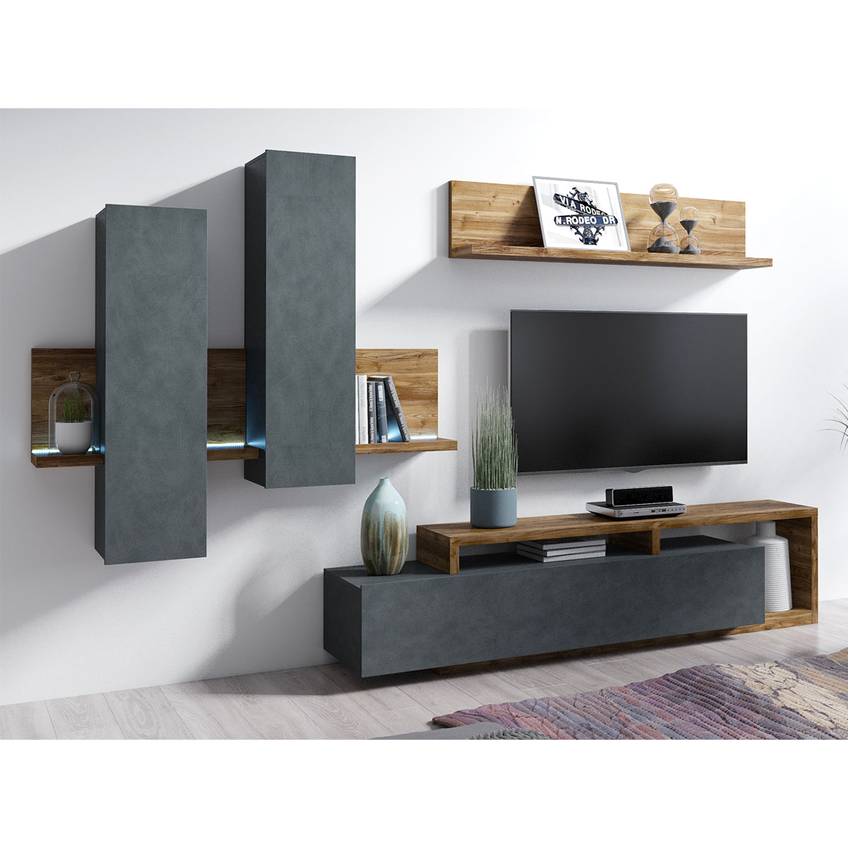 Meuble TV 1 tiroir 219 cm Ilyes Gris et Bois - vue 4