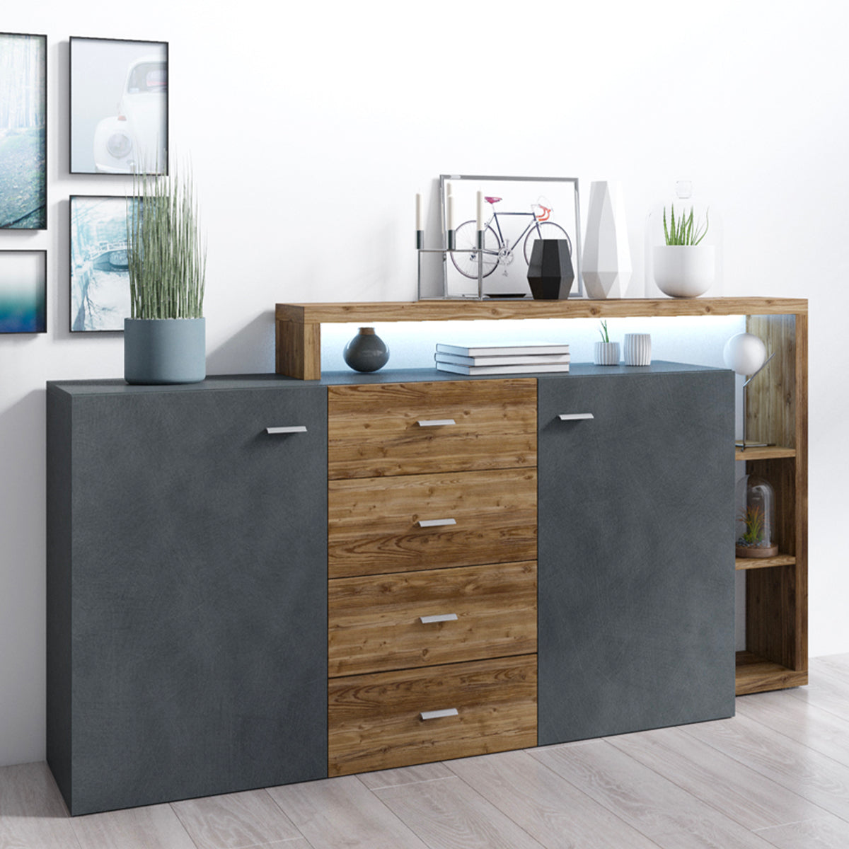 Buffet 2 portes 4 tiroirs Ilyes Gris et Bois - vue 4