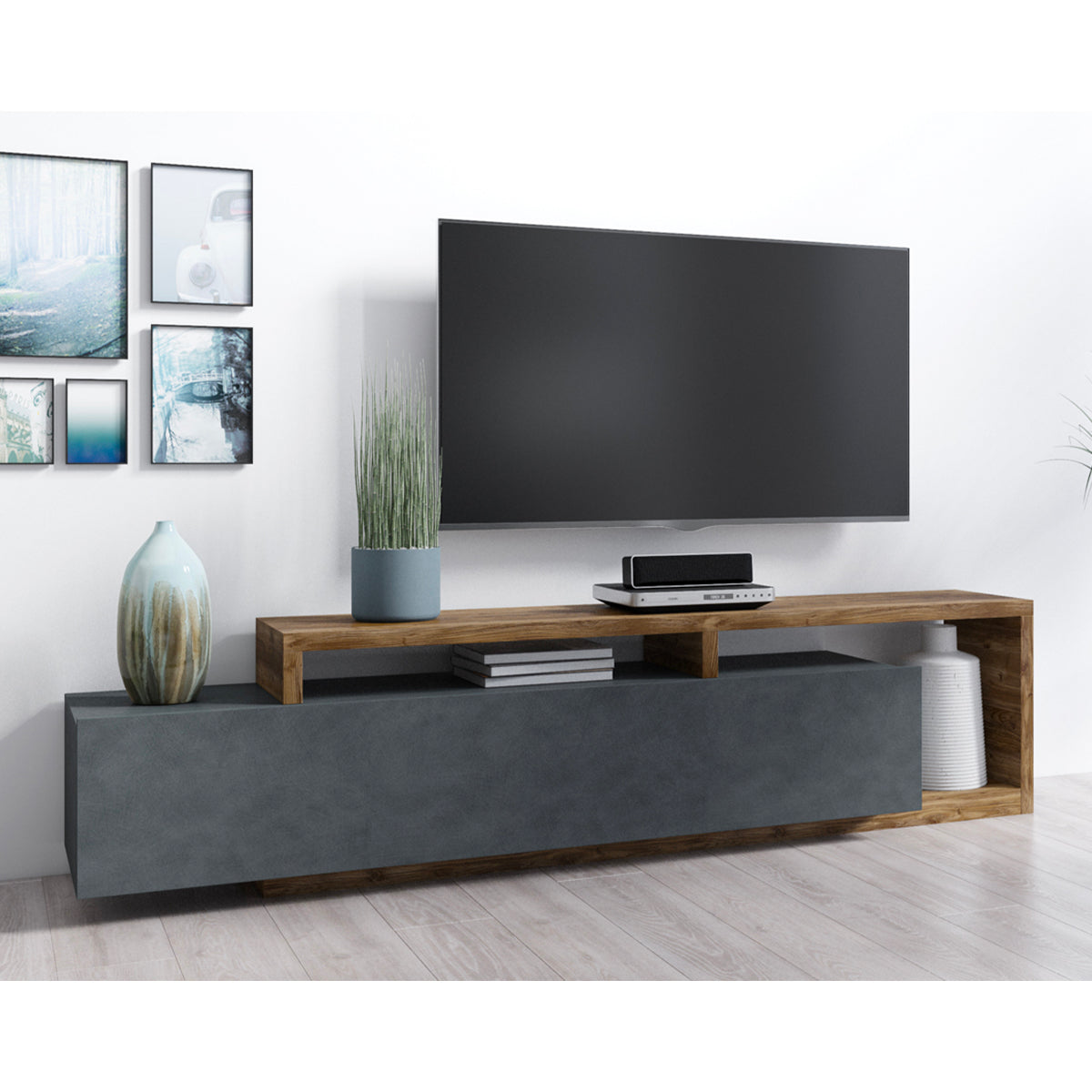 Meuble TV 1 tiroir 219 cm Ilyes Gris et Bois - vue 3