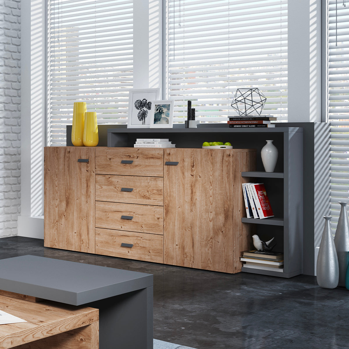 Buffet 2 portes 4 tiroirs Ilyes Bois et Gris - vue 2
