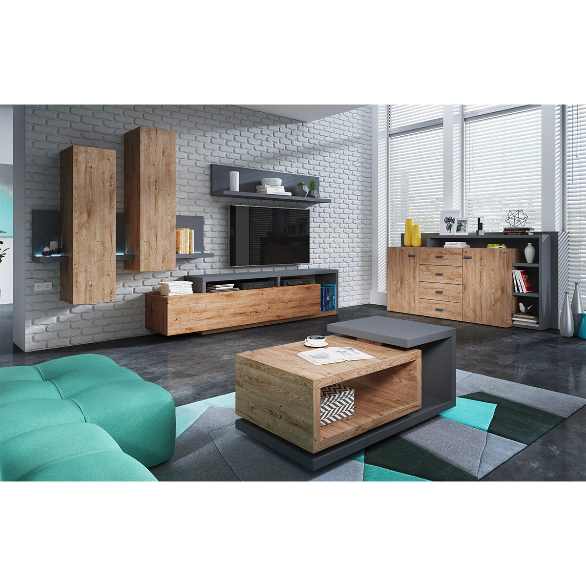 Buffet 2 portes 4 tiroirs Ilyes Bois et Gris - vue 3