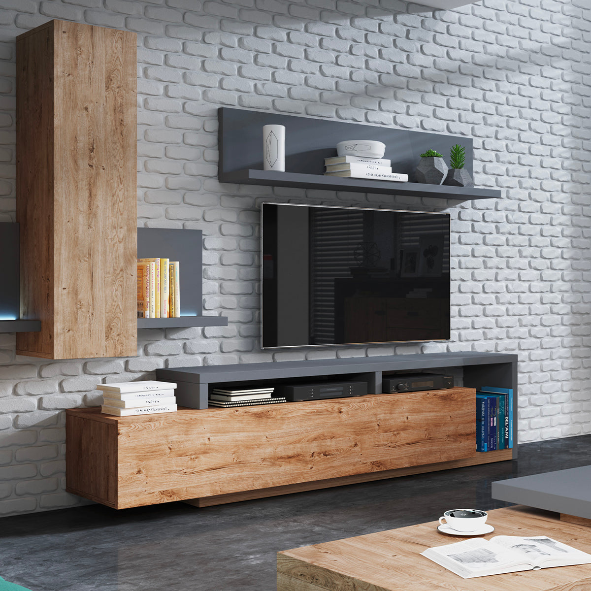 Meuble TV 1 tiroir 219 cm Ilyes Bois et Gris - vue 2