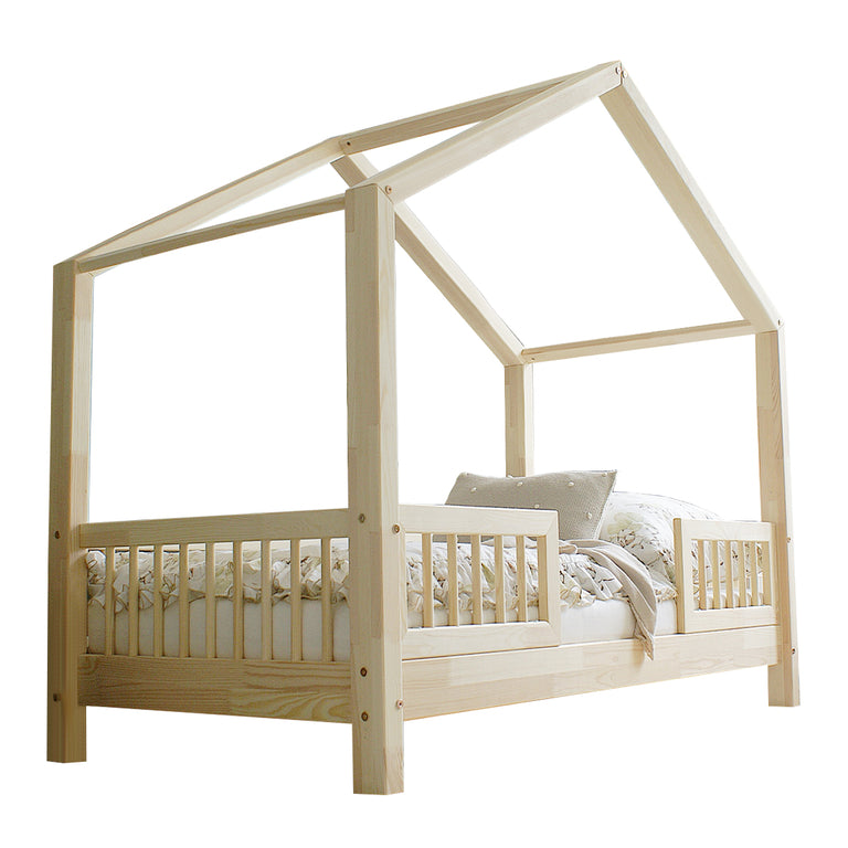 Lit cabane 90x190 barrières et sommier inclus pieds 10 cm Iris Bois - vue 2