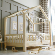 Lit cabane 90x190 barrières et sommier inclus pieds 10 cm Iris Bois