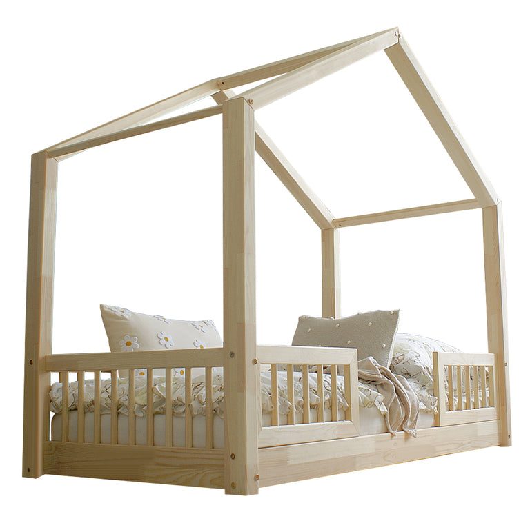 Lit cabane 90x190 barrières et sommier inclus pieds 1 cm Iris Bois - vue 2