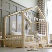 Lit cabane 90x190 barrières et sommier inclus pieds 1 cm Iris Bois