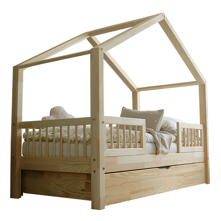 Lit cabane 90x190 barrières sommier et tiroir inclus Iris Bois - vue 2