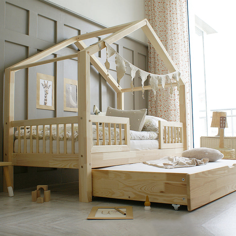 Lit cabane 90x190 barrières sommier et tiroir inclus Iris Bois - vue 3