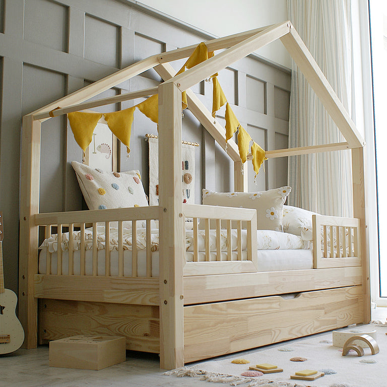 Lit cabane 90x190 barrières sommier et tiroir inclus Iris Bois - vue 4