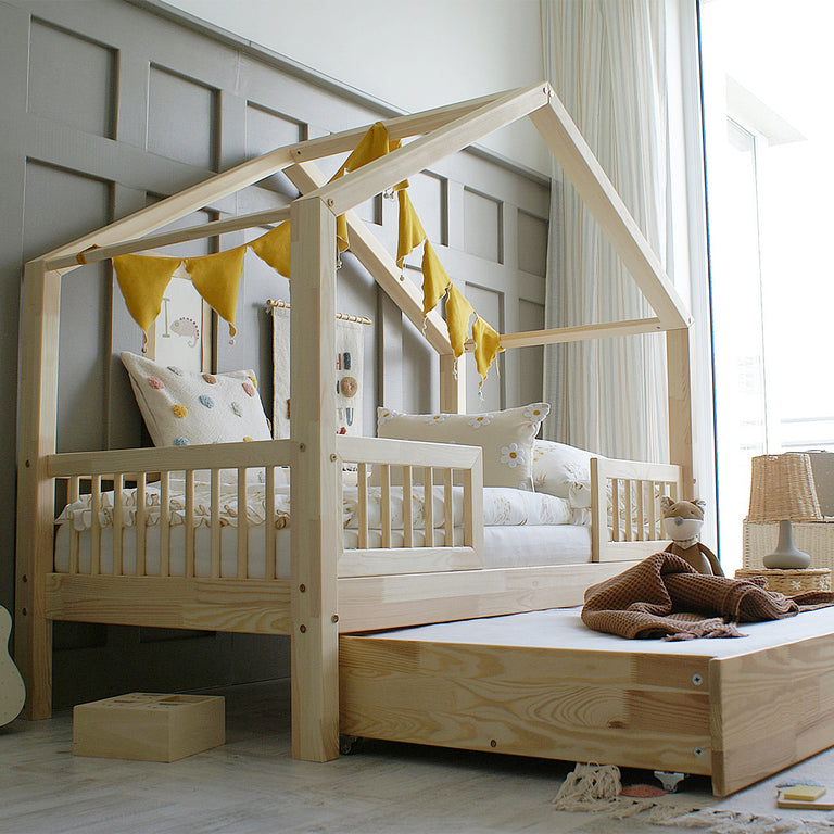 Lit cabane 90x190 barrières sommier et tiroir inclus Iris Bois - vue 5